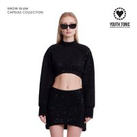 YOUTH TONIC - Cropped Blouse with Sequin in Black / เสื้อ แขนยาว คอเต่า เอวจั๊ม แต่ง เลื่อม สีดำ