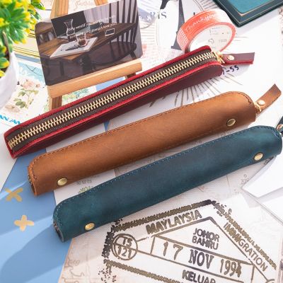 ▪№▤ Genuine Leather Zipper Pen Bag Mini Small Pencil Case Apple Electronic Writing Pen Protective Sheath Creative Vintage Style