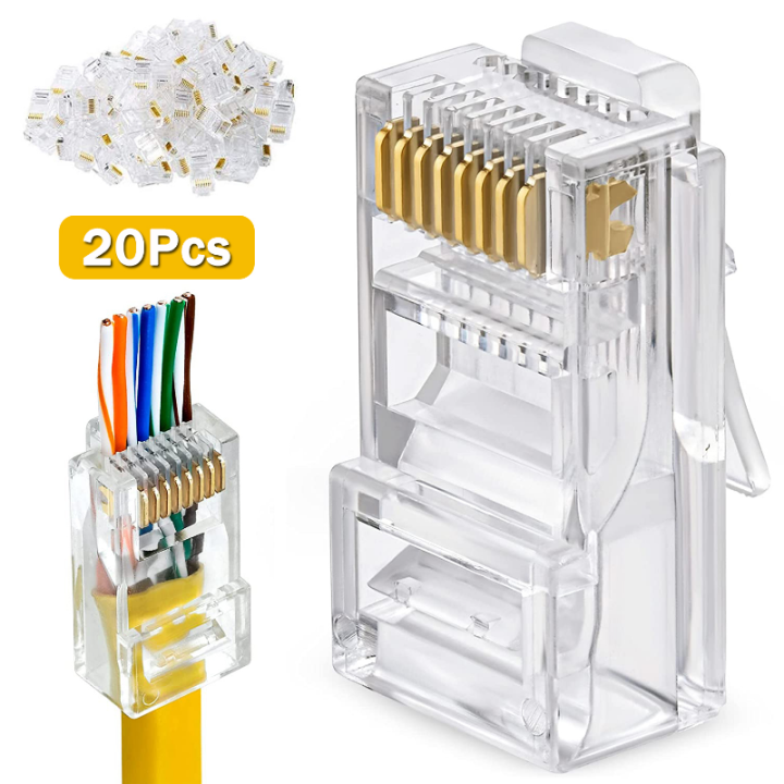 20ชิ้นขั้วต่อ-cat5e-rj45คริสตัลไม่หุ้มฉนวนปลาย-rj45-utp-8ขาแจ๊คเสียบหัวสัญญาณlan-ขั้วต่อปลั๊กสำหรับสายเคเบิลเครือข่าย-utp-แข็ง