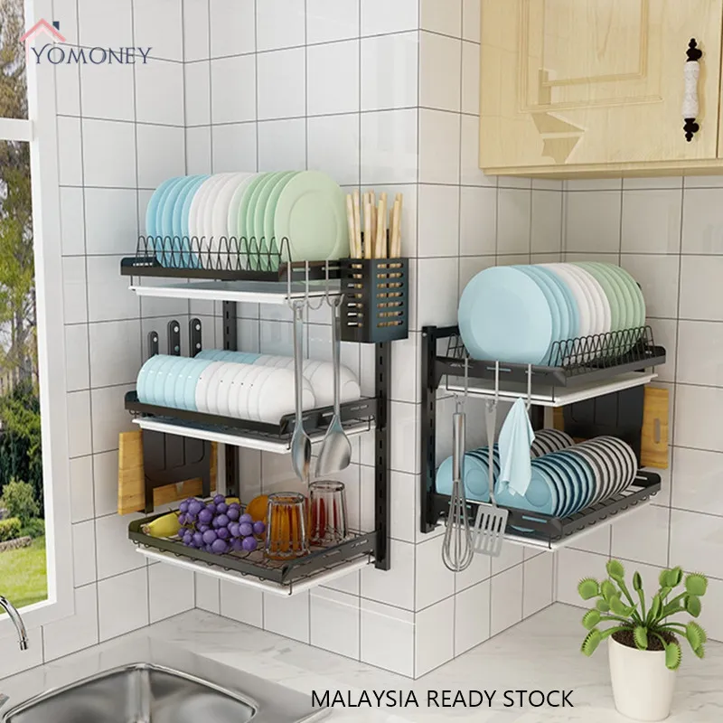 junyuan Kitchen Dish Rack,Hanging Silverware Dish Drying Rack Organizer Storage Shelf Over The Sink,2 Tier Wall Mount Bowl Holder with Drain Tray