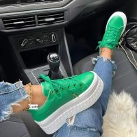 ร้อน, ร้อน★2023 Women Sneakers Solid Color Pu White Shoes Skateboard Height Increased Platform Vulcanized Casual Winter Lady Lace-Up Flats