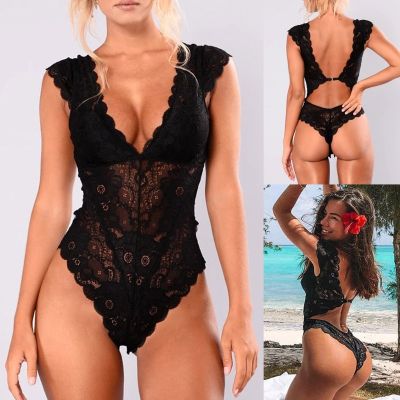 Sexy Teddies Mesh Lace Womens Bodysuit Sexy Lingerie Halter Jumpsuit Pajamas Hollow See-Through Teddy Bodysuit