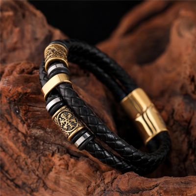 Punk Men Vikings Style Genuine Leather Bracelet Braided Multilayer Stainless Steel Norse Runes Bead Bangles Couple Jewelry Gift