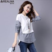 AREALNA autumn korean Shirt women tops Long Sleeve Casual shirts Vintage stripe Stitching Fake Two-Pieces Women Blouses blusas