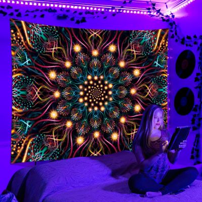 Black Light Tapestry UV Reaction Psychedelic Tapestry Wall Hanging Hippie DJ Tapestry for Bedroom Dorm Indie Room Decor
