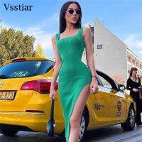 【Ladies shop】 Vsstiar Square Collar WomanStreetwear สีดำกระชับ Solid Slit เซ็กซี่ BodyconKnitted Midi Dresses สำหรับผู้หญิง Party