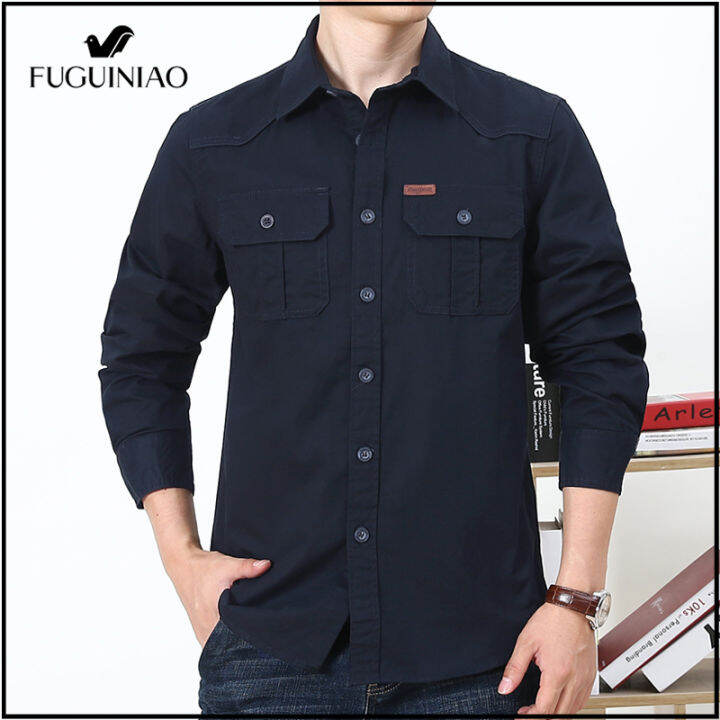 fuguiniao-เสื้อเชิ้ตแฟชั่นลำลองสำหรับผู้ชาย-เสื้อเชิ้ตแขนยาวทรงสลิมฟิต