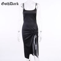 Goth Dark Aesthetic Vintage Gothic Dresses Black Grunge Silk Ruched Slit Hem Women Dress Sleeveless High Waist Sexy Evening Wear