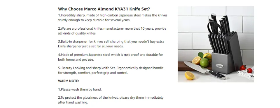 Marco Almond KYA31 Japanese Stainless Steel Knives Set, 14 Pieces