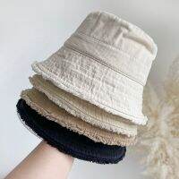 Topi Bucket หมวกอาบน้ำเด็กผ้าฝ้ายญี่ปุ่นครีบสีดำล้วนกระบังกันแดดผู้หญิงฤดูใบไม้ผลิและฤดูร้อนถังเกาหลี Topi Bucket