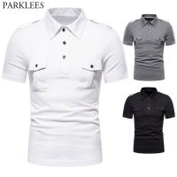 Double Pocket Military Epaulet Polo Shirt Men Summer Short Sleeve Slim Fit Polo Homme Fashion Turn Down Collar Polos Para Hombre Towels