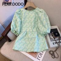 PEAR DODO เสื้อเชิ้ตแขนสั้นสำหรับผู้หญิงลายจุดด้านหลังโบว์ลายดอกไม้สไตล์เกาหลี