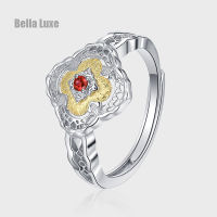 S925แยกทองเงินสเตอร์ลิงแหวนรูปดอกไม้ผู้หญิงเซอร์โคเนียสีแดงร้อยเรียบง่าย