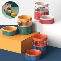 Pet Double Bowls Color Blocking Neck Guard เพิ่มความสูง ABS Pet Automatic Food Water Feeder Cats Supplies