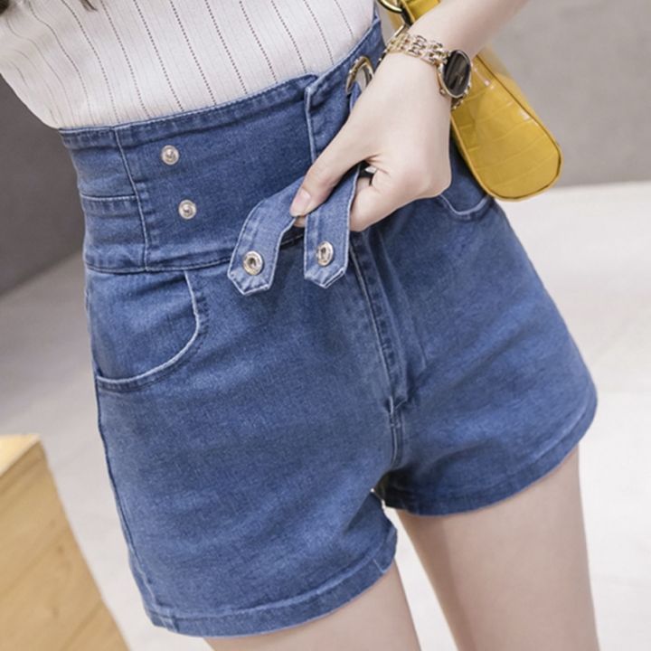 women-denim-short-koreanhigh-waist-stretchable-slim-fit-fashion-solid-color-multi-buttons-casual