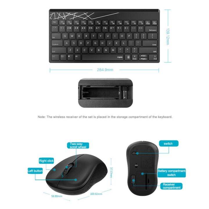 Rapoo 8000s Wireless Slim Portable Keyboard and Mouse Set Bluetooth 2