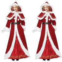 ขนาดใหญ่คริสต์มาสซานตาคลอสสูทผู้หญิงคริสต์มาส Cos เครื่องแต่งกายกำมะหยี่สีแดงยาวชุดด้วยเสื้อคลุมคริสต์มาสปีใหม่เครื่องแต่งกายสำหรับผู้หญิง