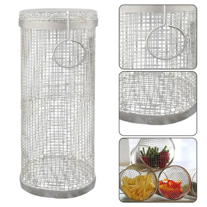 1PC BBQ Rolling Grill Basket Basket Wire Mesh Cylinder Grill Basket