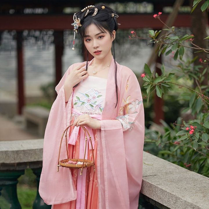 hanfu-ชุดจีนผู้หญิงชุดเจ้าหญิงพิมพ์ดอกไม้สวยงามดั้งเดิม-เสื้อคลุมเต้นบนเวทีคอสเพลย์นางฟ้าตะวันออก