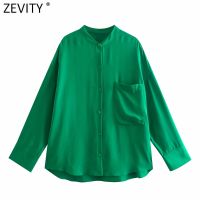 Zevity New Women Simply Stand Collar Solid Green Casual Kimono Shirt Female Pocket Patch Blouse Roupas Chic Blusas Tops LS9378