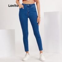 Lovito กางเกงยีนส์ แต่งหมุด แบบเรียบ มีกระเป๋า สไตล์ลำลอง L20DD01 (สีน้ำเงินเข้ม)