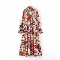 Women elastic shrink fold turtleneck collar flower print casual loose long Dress lady vestidos chic straight Dresses DS3308