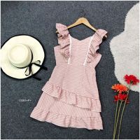 TW13091 เดรสไหล่ระบายลายสก็อต Plaid ruffled shoulder dress