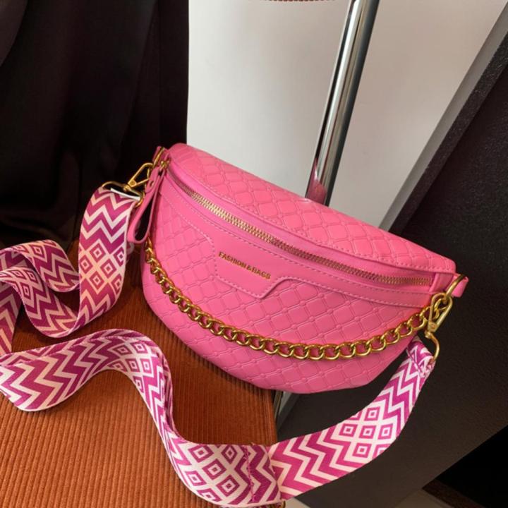 กระเป๋าคาดสะโพกประดับโซ่พาดไหล่ปรับได้สายกระเป๋าหนัง-pu-หลากสีสำหรับผู้หญิงคาดอกแฟชั่น