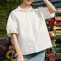 (จัดส่งฟรี)Fancystyle VONDA เสื้อผู้หญิงสไตล์มินิมอลลิสต์คอเสื้อเชิ้ตลำลองเสื้อสตรีแขนยาวพัฟทรงหลวมปุ่มทึบ