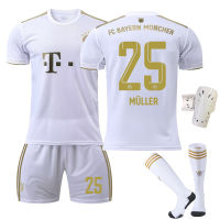 FCS Bayern Munichs เสื้อเจอร์ซีย์เตะฟุตบอลสำหรับเด็กผู้ใหญ่2223สีขาวหมายเลข17 Manés No. 6 Kimmichs No. 4 De Ligts No. 25 Müllers No. 10 Sanés เสื้อแข่งฟุตบอล0000