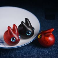 Kawaii Rabbit Miniature Figurines Red Sandalwood Carving Sculpture Craft Desk Ornaments Fairy Garden Room Decor Birthday Gift