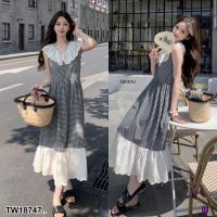 SS18747 แม็กซี่เดรสยาว ลายสก็อต แขนกุด ปกลูกไม้ Long sleeve maxi dress with polka dot print