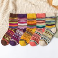 ✲○✉  5 Pairs Autumn and Winter Cute Colorful Striped Women Warm Rabbit Wool Socks