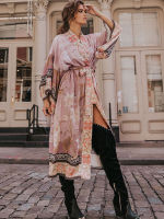 2023 Bohemian Printed Self Belted Loose Summer Beach Tunic Plus Size Long Kimono Women Street Wear Casual Maxi Dress N996