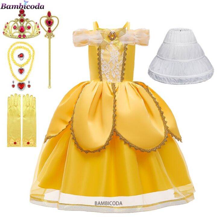 2-2023-cosplay-belle-princess-dress-girls-dresses-for-beauty-and-beast-kids-party-clothing-magic-stick-crown-children-costume