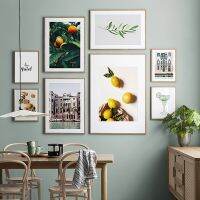 Vibrant Wall Art ที่มีผลไม้สีส้มและมะนาวและภูมิทัศน์ใบไม้สีเขียว-เหมาะสำหรับตกแต่งห้องครัว-ภาพวาดผ้าใบคุณภาพสูง-โปสเตอร์นอร์ดิกสำหรับตกแต่งห้องนั่งเล่น