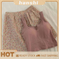 hanshi [2023 new HOT FASHION] lazlook ชุดเสื้อกั๊กเอวยางยืดลายดอกไม้สำหรับผู้หญิงชุดนอนมีแผ่นรองหน้าอกกางเกงใส่อยู่บ้านชุดฤดูร้อน