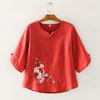 COD tjjs079 Keey Flower Embroidered Casual Slim Top Womens High Quality Cotton Linen Short Sleeve Shirt S304