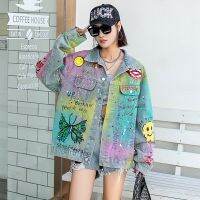 QING MO Sequins Cartoon Pattern Smiley Printing Denim Coat Women Loose Patches Color Graffiti Lapel Coat 2022 LHX1482A