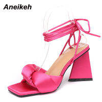 Aneikeh 2022 NEW PU Fashion European And American Style Sandals Women Shoes Summer Spike Heels Cross-Tied Party Turned-Over Edge