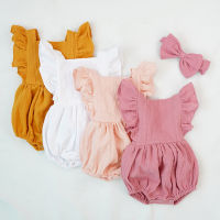 Organic Cotton Newborn Baby Girl Clothes Summer New Double Gauze Kids Ruffle Romper Jumpsuit Headband Infant Grils Playsuit