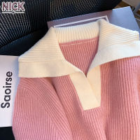 เสื้อกันหนาว NICK สำหรับผู้หญิง New Preppy Style Contrast Top Women S Lapel Soft Waxy Thick Pink Sweater