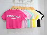 เสื้อครอป เสื้อยืดคอกลมเเขนสั้น ลาย Essentials ผ้ายูนิโคล่ ผ้ายืด นิ่ม ใส่สบาย เสื้อแฟชั่นผู้หญิง