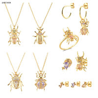 ANDYWEN 925 Sterling Silver Gold CZ Beetle Animal Zircon Piercing Earring Drop Courage Rings Long Chain Necklace Jewelry Set