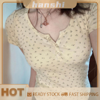 hanshi [2023 new HOT FASHION] lazlook เสื้อยืดคอกลมมีกระดุมลายดอกไม้สำหรับผู้หญิงฤดูร้อนเสื้อครอปเข้ารูปสุดฮอต