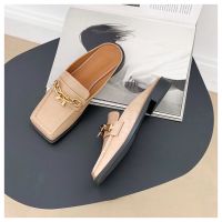 Fashion Brand Metal Chain Slippers Women Flat Heel Square Toe Mule Designer Slides Lady Shoes British Style Loafer Zapatos Mujer