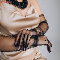 ﹍㍿ TOPQUEEN Bachelorette Party Accessories Elegant Black Bride Gloves Pearls Wedding Gloves Elbow Length Fingerless Tulle VM24