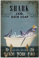 Cabenrm Bathroom Shark Retro Metal Tin Sign, Shark Bath Soap Bubble Poster Vintage Toilet Cave Bar Home Bathroom Wall