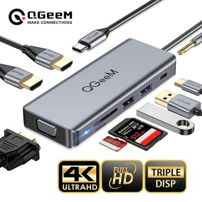 QGeeM USB C ศูนย์กลางสำหรับ Macbook Pro Air Dual HDMI VGA Micro เครื่องอ่านการ์ด SD ขนาดเล็ก Aux PD OTG ฮับยูเอสบีหลายทาง USB ฮับ3.0 Type C อะแดปเตอร์สำหรับโน้ตบุ๊ค Feona