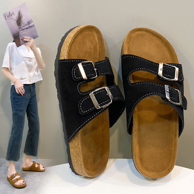 Japanese and Korean Slippers Womens Belt Buckle Foreign Trade Beach Shoes 2023 Spring and Summer Cork Flat Sandals One-Word Sandals